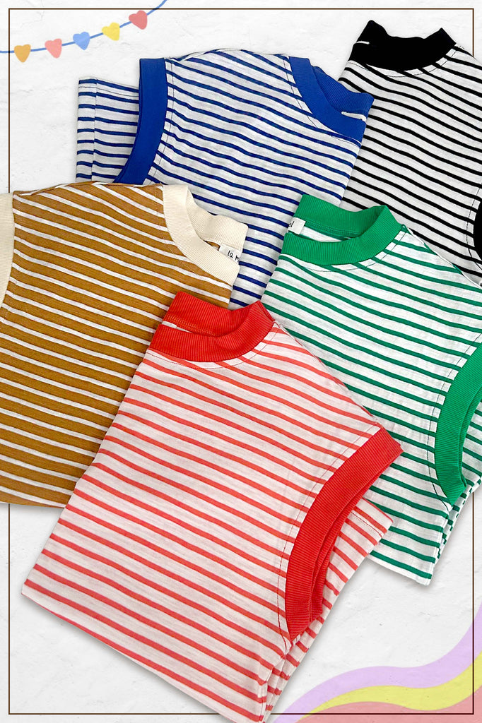 La Miel - JDT7710-Nautical Cap Sleeve Striped Top: Goji Berry / L