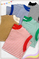 La Miel - JDT7710-Nautical Cap Sleeve Striped Top: Goji Berry / L