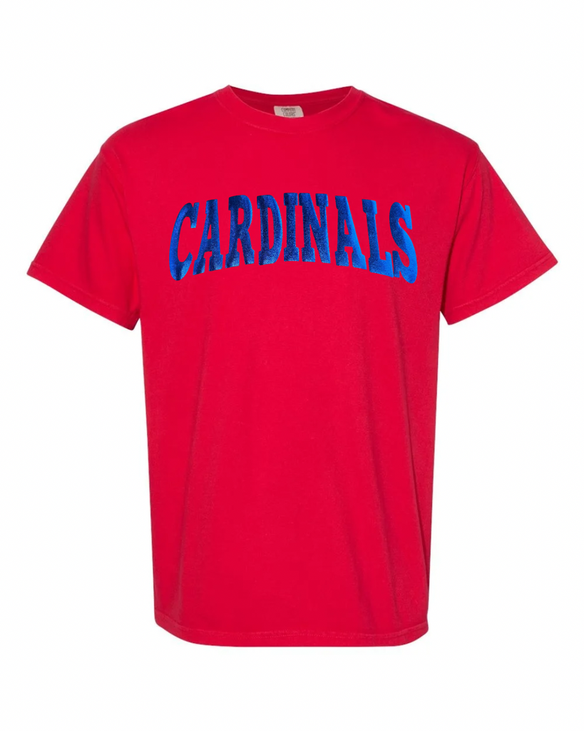 BLUE METALLIC CARDINALS - RED COMFORT COLORS TEE (YOUTH + ADULT)