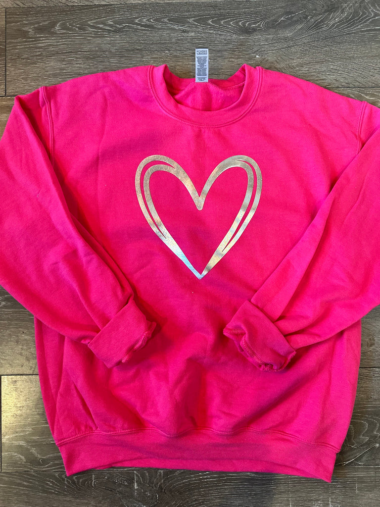 SILVER METALLIC DOUBLE HEART - HOT PINK CREW