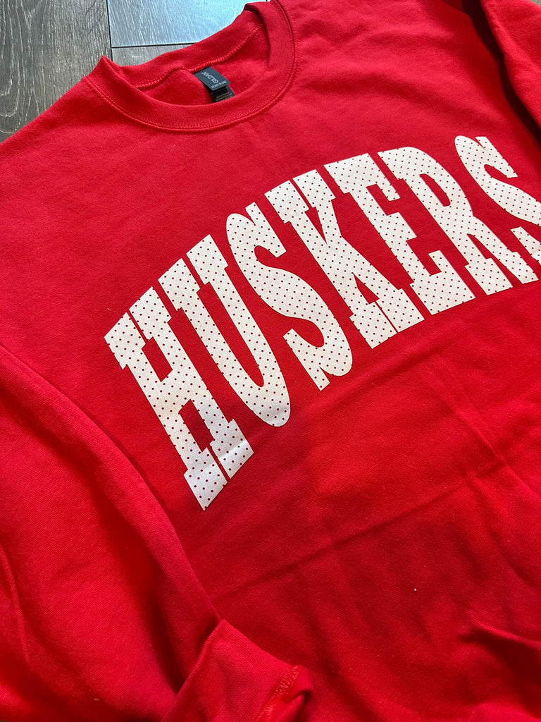 HUSKERS (ivory/red polka dot) -  RED CREWNECK