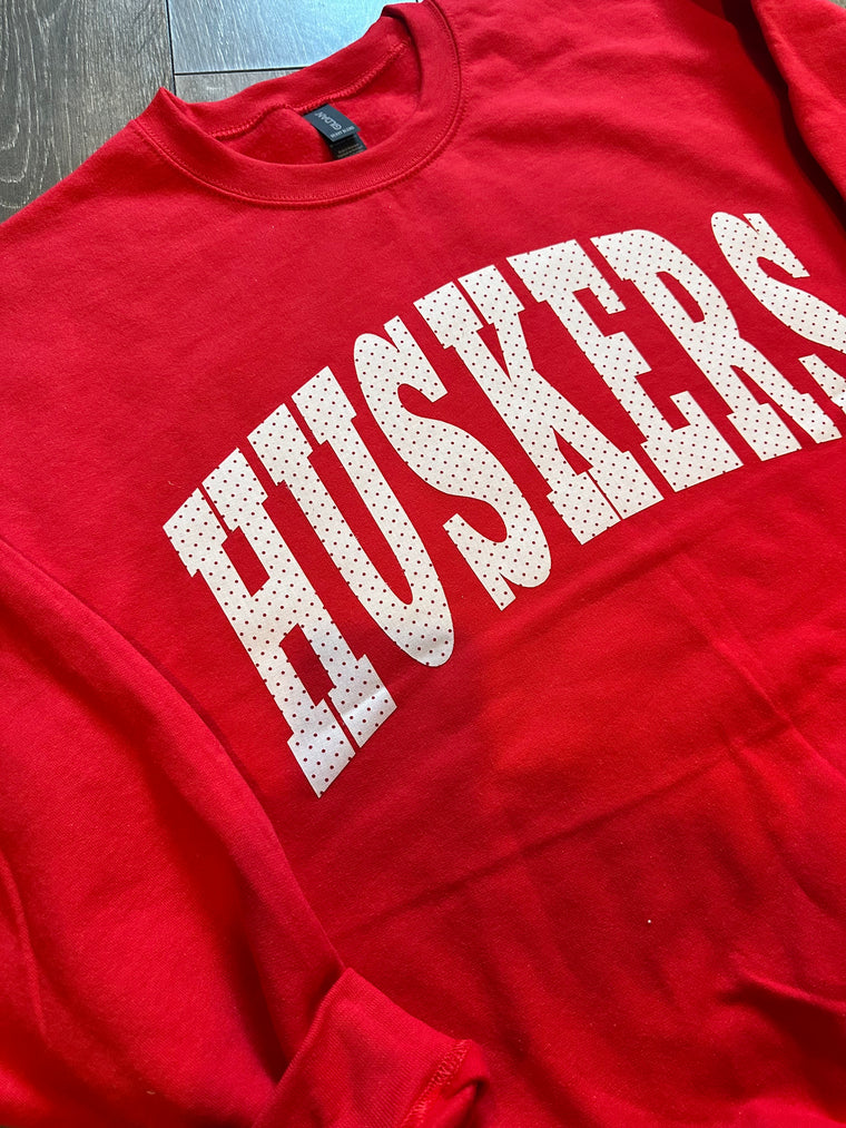 HUSKERS (ivory/red polka dot) -  RED CREWNECK