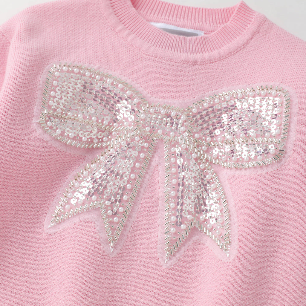 Lil Cactus - Pink Christmas Sparkle Bow Sweater: 5Y
