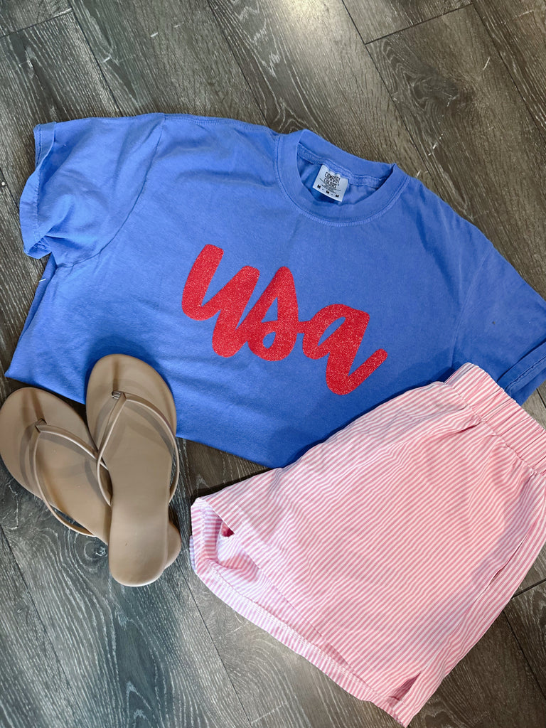RED SPARKLE USA - FLO BLUE COMFORT COLORS TEE