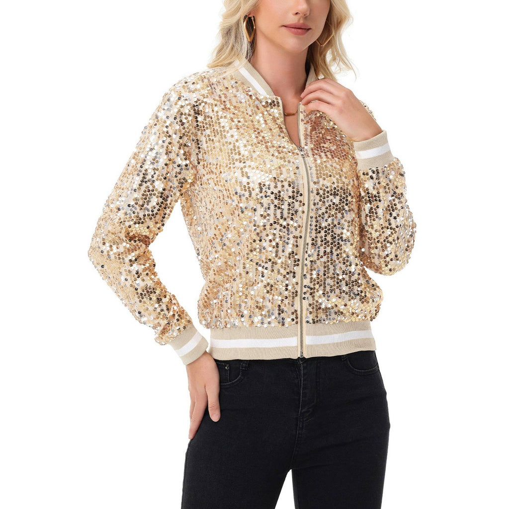 Anna Kaci Wholesale - Game Day Sequin Bomber Jacket with Ribbed Trim and Front Zip: Red / Medium 8-10
