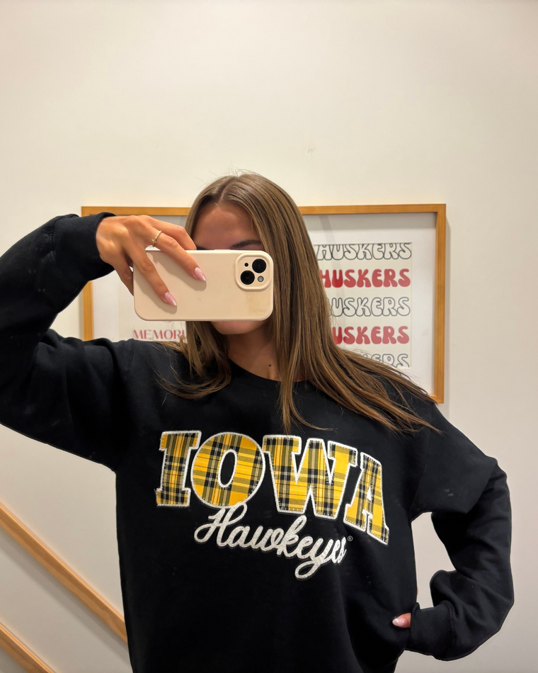 YELLOW PLAID/WHITE IOWA EMBROIDERED HAWKEYES - BLACK CREWNECK
