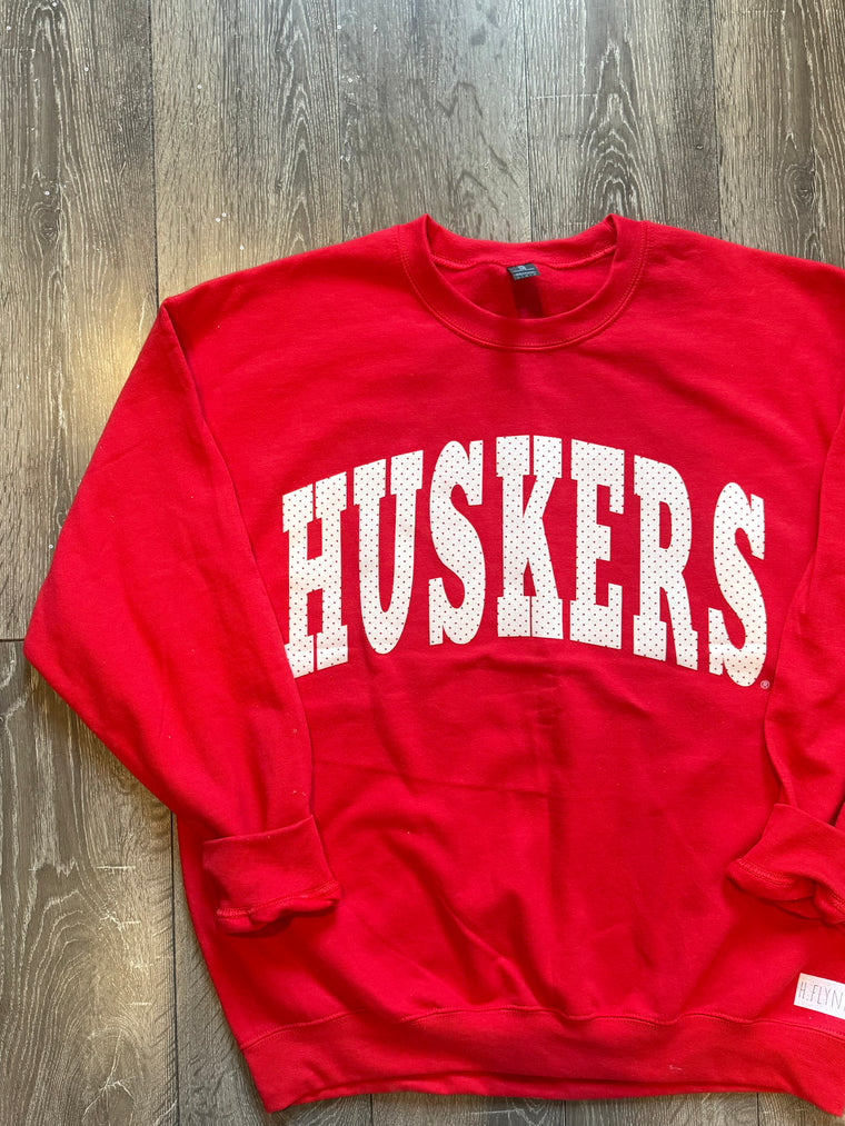 HUSKERS (ivory/red polka dot) -  RED CREWNECK