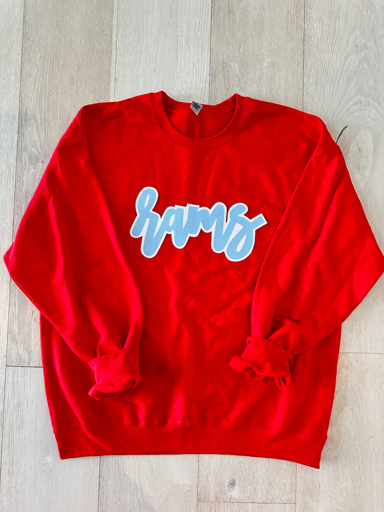 CURSIVE RAMS - RED GILDAN CREW (YOUTH + ADULT)