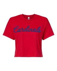 BLUE CURSIVE CARDINALS - RED CROP TEE