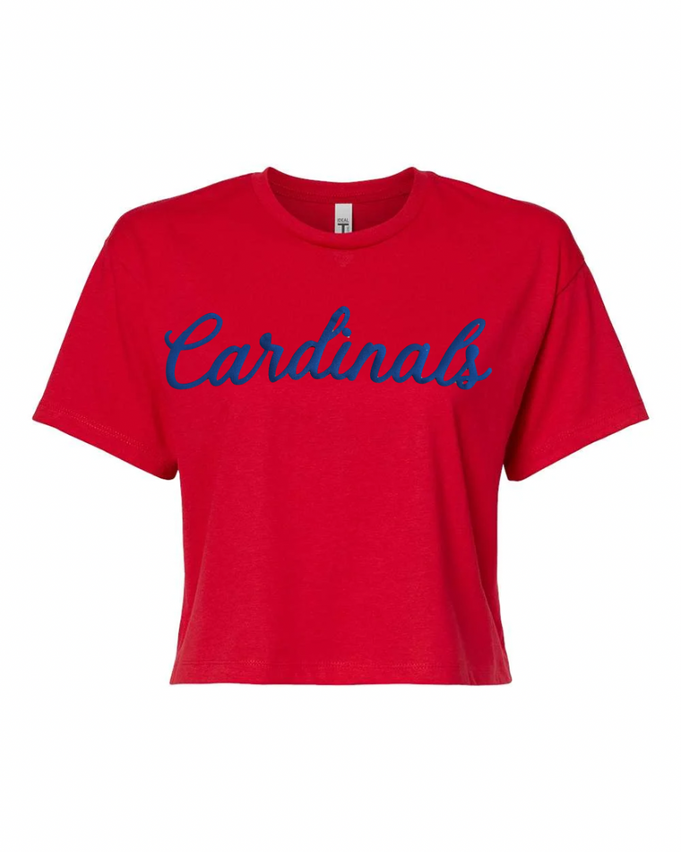 BLUE CURSIVE CARDINALS - RED CROP TEE