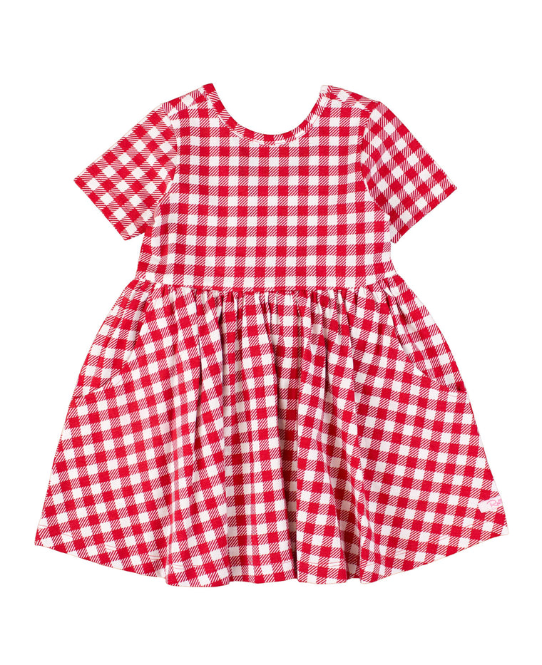 RuffleButts + RuggedButts - Girls Red Gingham Short Sleeve Knit Twirl Dress: Red / 2T
