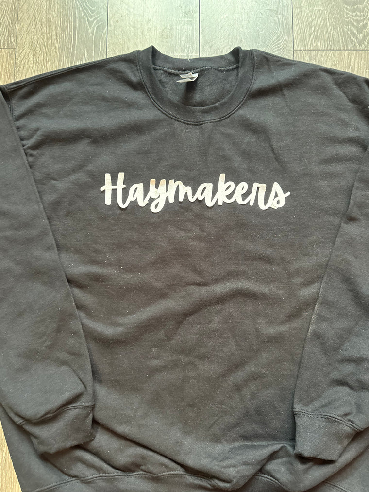 WHITE SPARKLE CURSIVE HAYMAKERS - BLACK CREWNECK (YOUTH + ADULT)