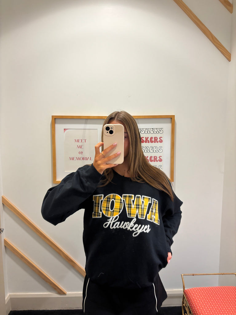 YELLOW PLAID/WHITE IOWA EMBROIDERED HAWKEYES - BLACK CREWNECK