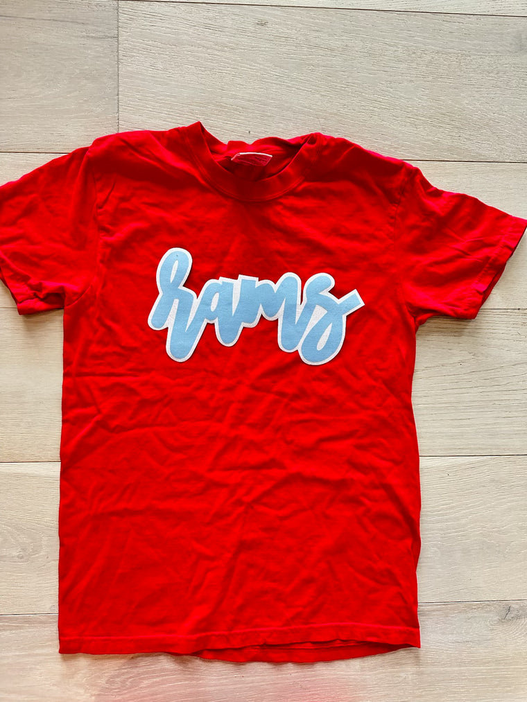 CURSIVE RAMS - RED COMFORT COLORS TEE (YOUTH + ADULT)