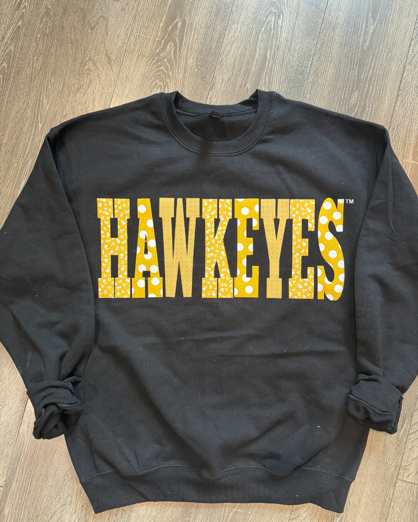 YELLOW PATCHWORK HAWKEYES - BLACK CREWNECK