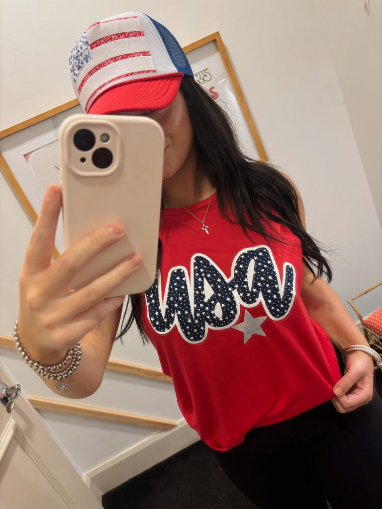 CURSIVE NAVY STARS/WHITE USA w/ SILVER METALLIC STAR - RED MUSCLE TANK