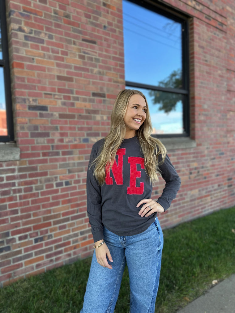 RED/WHITE POLKA DOT NE - GREY LONG SLEEVE TEE