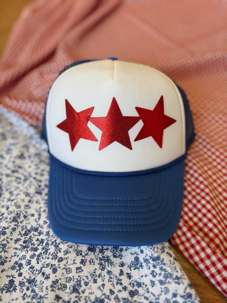 RED METALLIC STARS - BLUE TRUCKER HAT