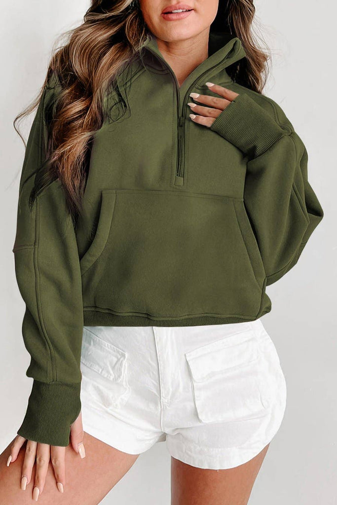 Pretty Bash - Quarter Zip Kangaroo Pocket Sweatshirt: Light Grey / M