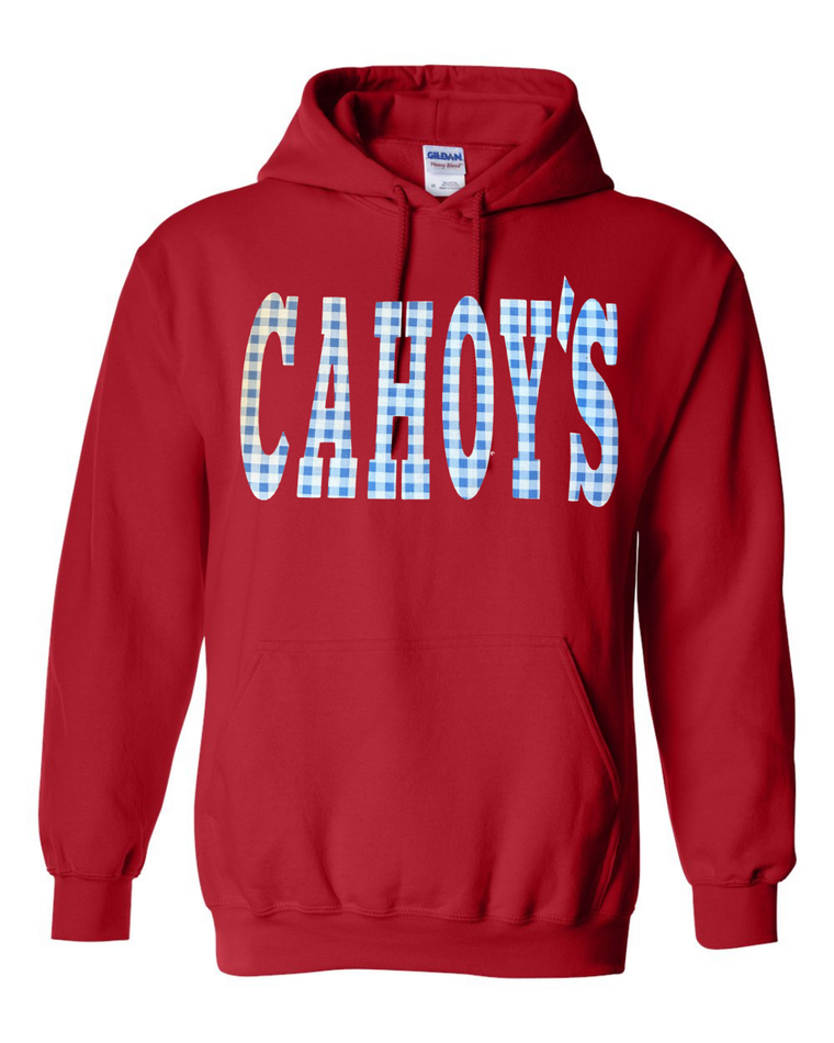 BLUE GINGHAM CAHOY'S - RED HOODIE (YOUTH + ADULT)