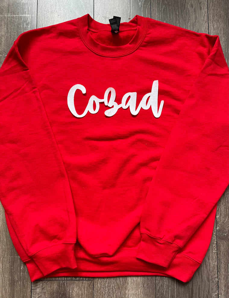 CURSIVE WHITE SPARKLE COZAD - RED GILDAN CREWNECK (YOUTH + ADULT)