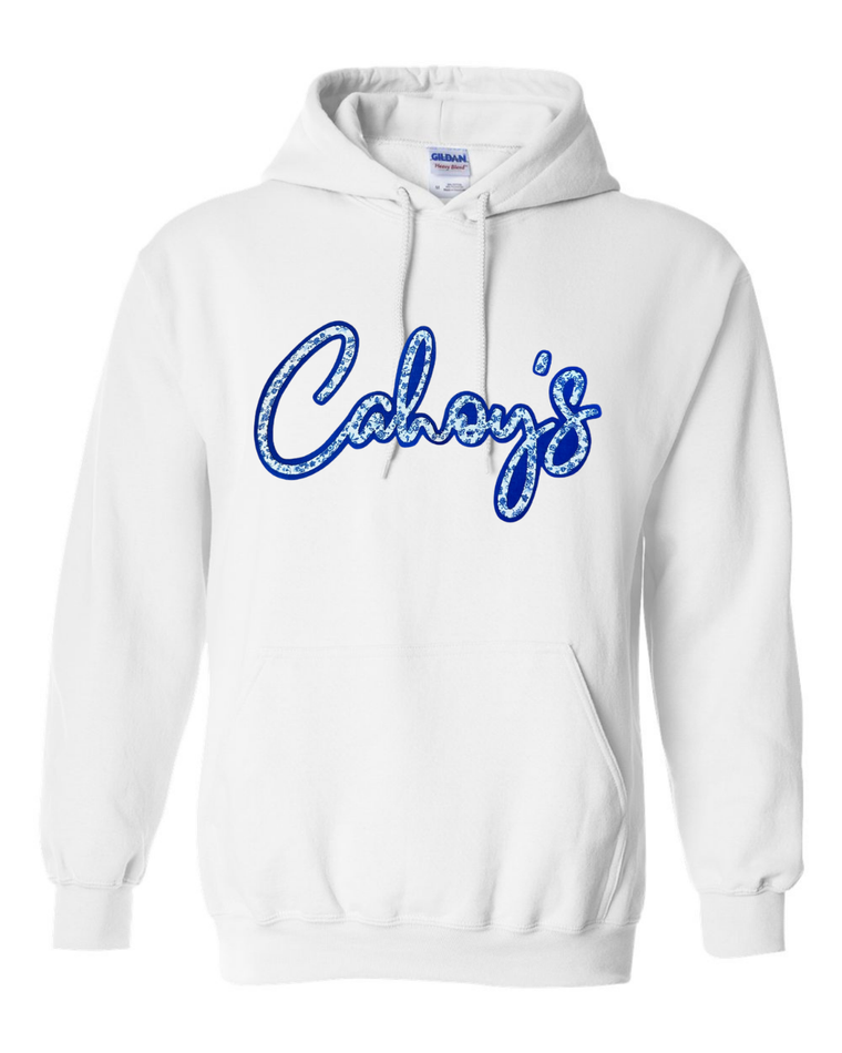 BLUE FLORAL/BLUE CAHOY'S - WHITE HOODIE (YOUTH + ADULT)