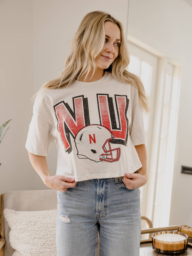LivyLu - Nebraska Huskers Helmet Fade Off White Cropped Tee: L