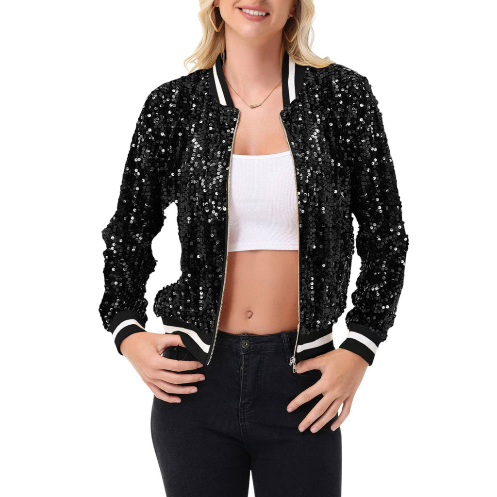 Anna Kaci Wholesale - Game Day Sequin Bomber Jacket with Ribbed Trim and Front Zip: Red / Small 4-6