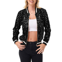 Anna Kaci Wholesale - Game Day Sequin Bomber Jacket with Ribbed Trim and Front Zip: Red / Large 12-14