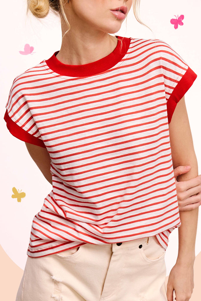 La Miel - JDT7710-Nautical Cap Sleeve Striped Top: Goji Berry / M
