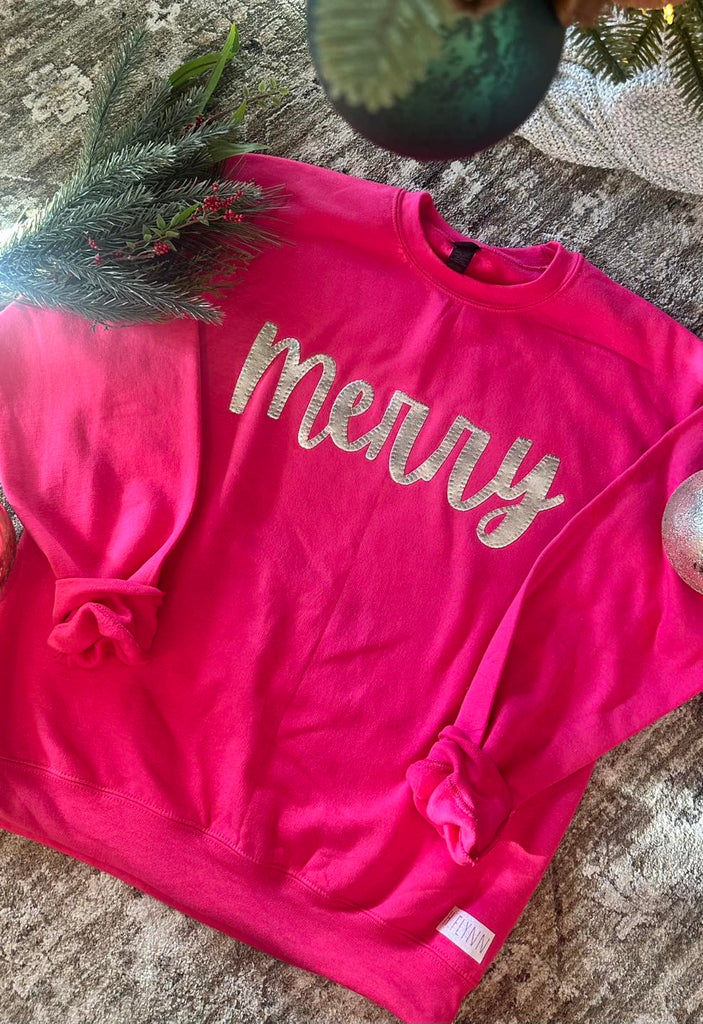 SILVER METALLIC CURSIVE MERRY - HOT PINK CREWNECK