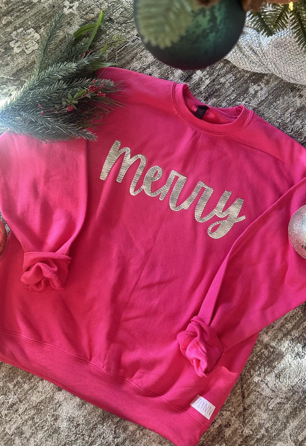 SILVER METALLIC CURSIVE MERRY - HOT PINK CREWNECK