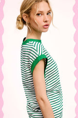 La Miel - JDT7710-Nautical Cap Sleeve Striped Top: Goji Berry / S