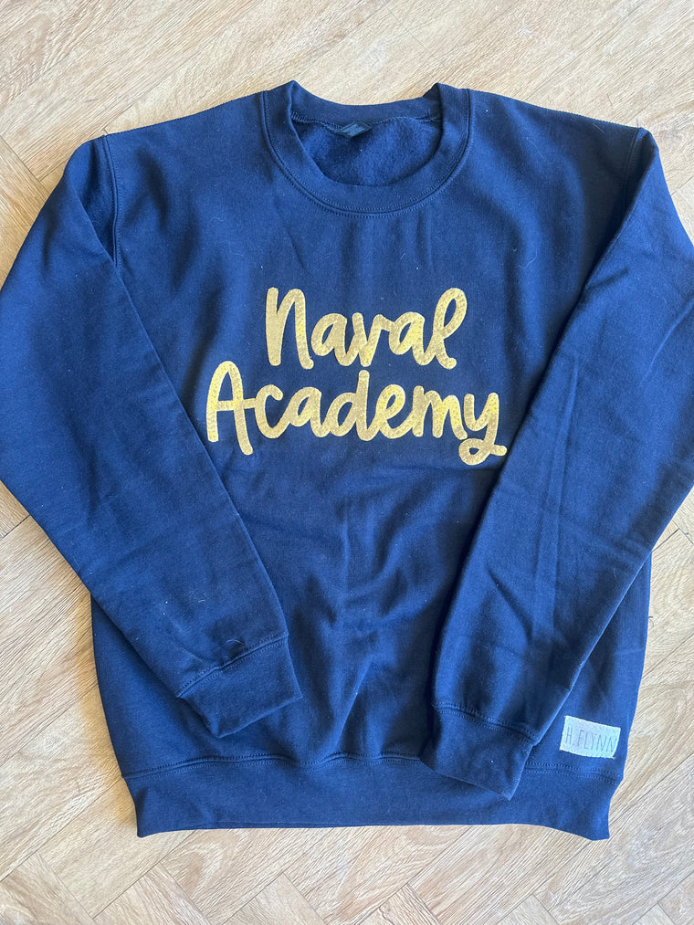 CURSIVE GOLD METALLIC NAVAL ACADEMY - NAVY GILDAN CREW
