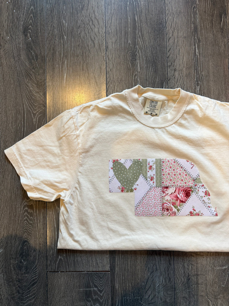 AUTUMN PATCHWORK STATE + GREEN POLKA DOT HEART- IVORY T-SHIRT