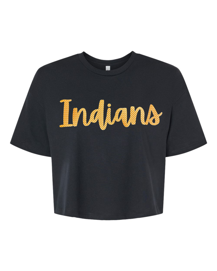 CURSIVE ORANGE/WHITE POLKA DOT INDIANS  - BLACK CROP TEE