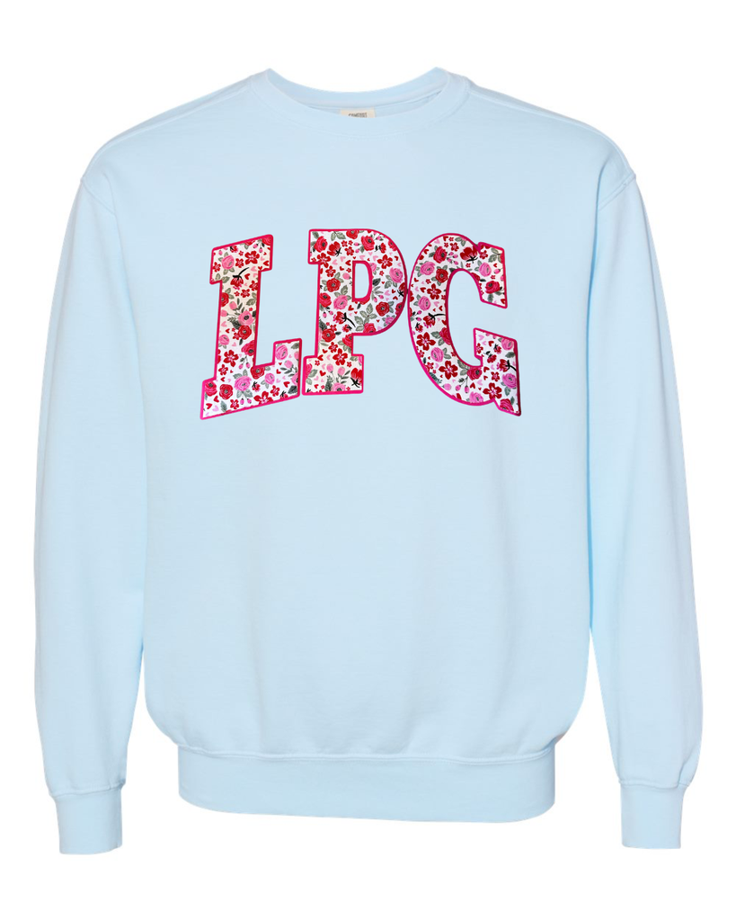 LPG - (PINK/RED ROSES FLORAL / HOT PINK) - LIGHT BLUE COMFORT COLORS CREW