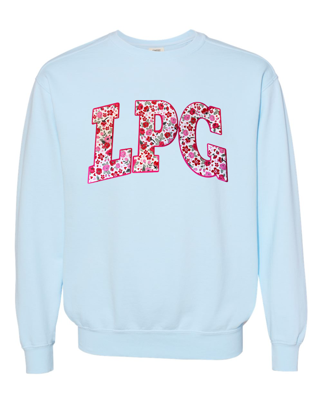 LPG - (PINK/RED ROSES FLORAL / HOT PINK) - LIGHT BLUE COMFORT COLORS CREW