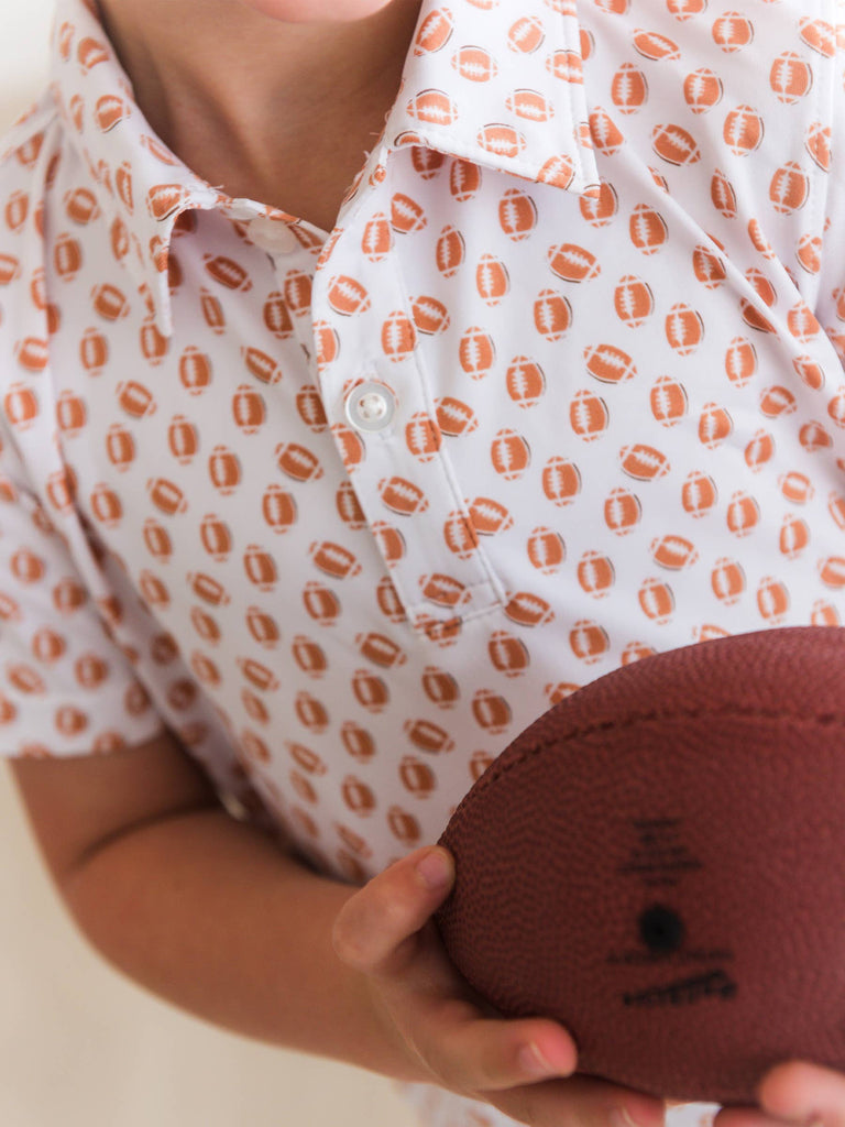 RuffleButts + RuggedButts - Boys Football Frenzy Knit Short Sleeve Performance Polo: White / 5