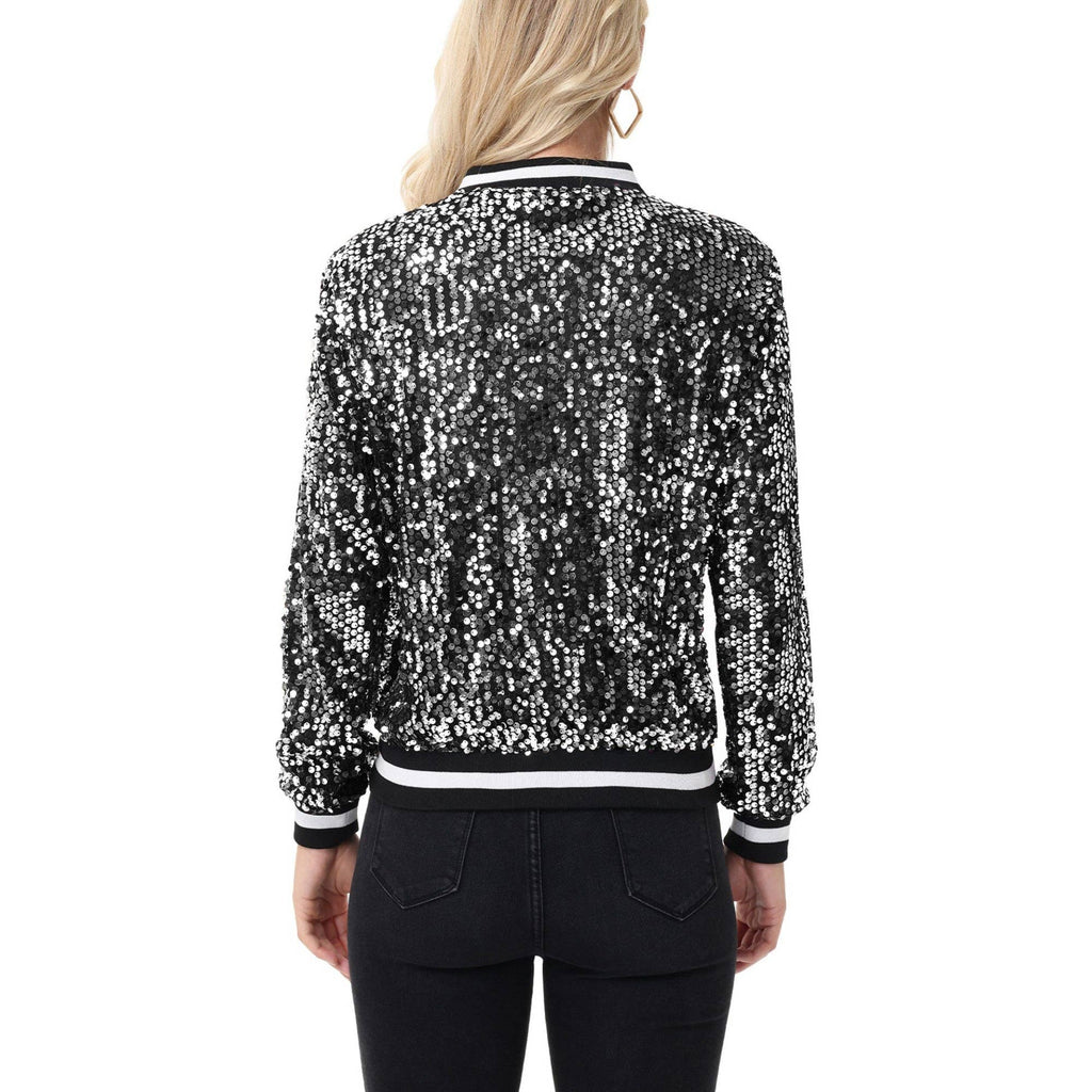 Anna Kaci Wholesale - Game Day Sequin Bomber Jacket with Ribbed Trim and Front Zip: Red / XL 16-18