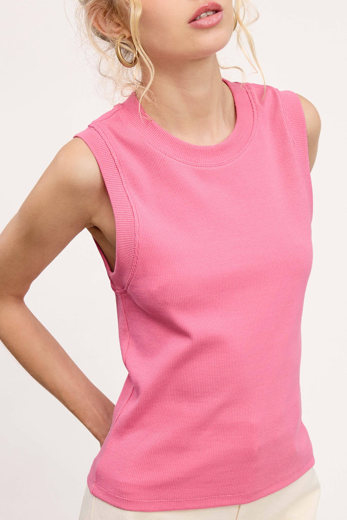 La Miel - HUT7340-Stretchy Basic Ribbed Sleeveless Crew Neck Top: Fire / S