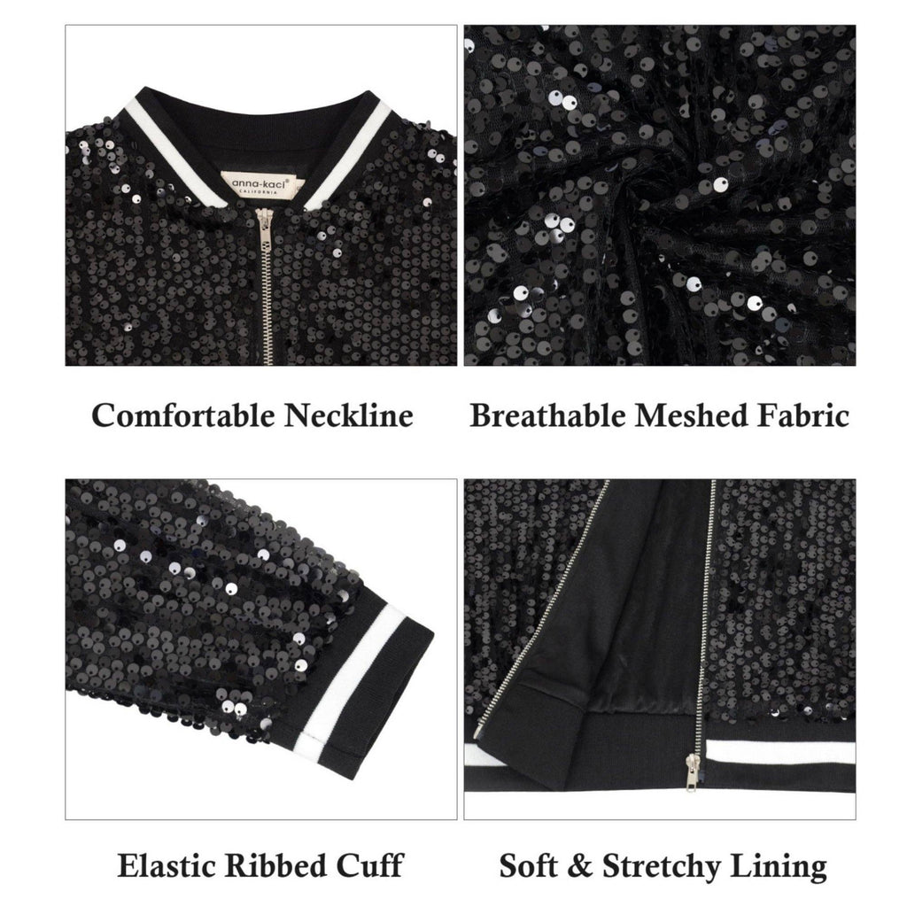 Anna Kaci Wholesale - Game Day Sequin Bomber Jacket with Ribbed Trim and Front Zip: Red / Medium 8-10
