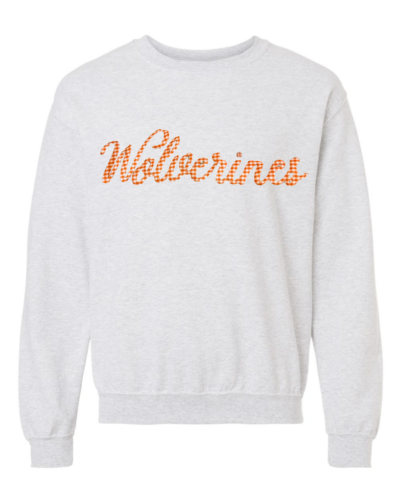ORANGE GINGHAM WOLVERINES - ASH GREY CREW OR HOODIE