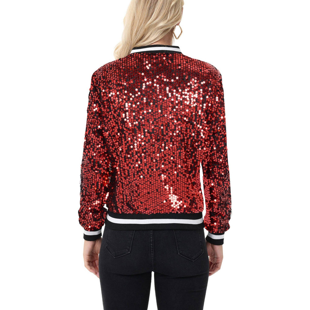 Anna Kaci Wholesale - Game Day Sequin Bomber Jacket with Ribbed Trim and Front Zip: Red / XXL 20-22