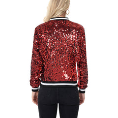 Anna Kaci Wholesale - Game Day Sequin Bomber Jacket with Ribbed Trim and Front Zip: Red / XXL 20-22