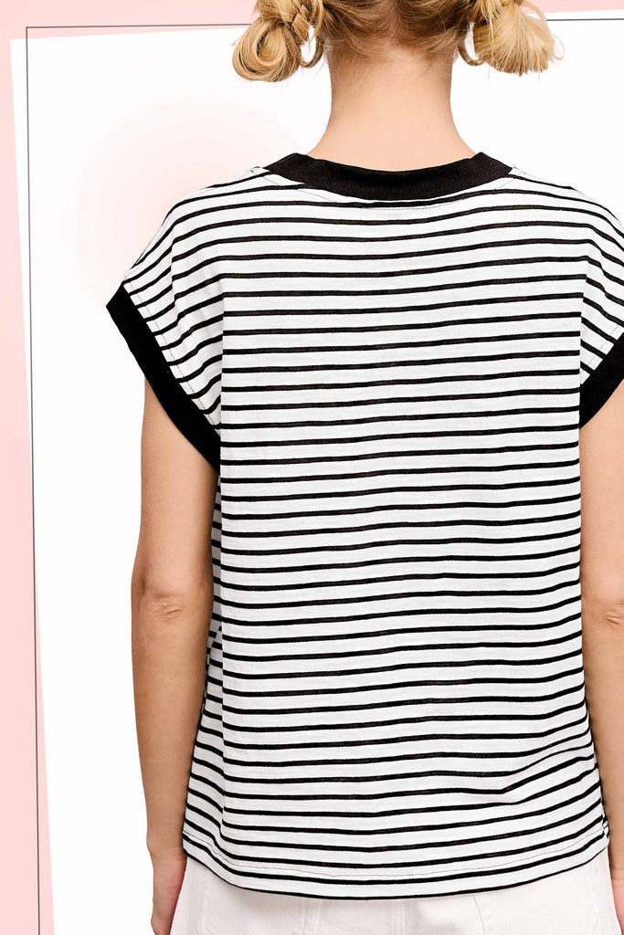 La Miel - JDT7710-Nautical Cap Sleeve Striped Top: Goji Berry / S