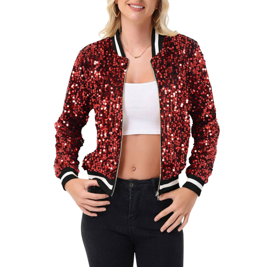 Anna Kaci Wholesale - Game Day Sequin Bomber Jacket with Ribbed Trim and Front Zip: Red / XXL 20-22
