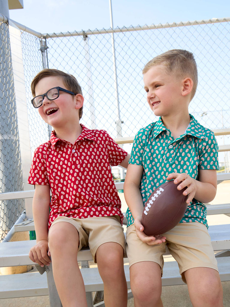 RuffleButts + RuggedButts - Boys Varsity Red Football Frenzy Knit Short Sleeve Performance Polo: Red / 10