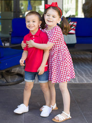 RuffleButts + RuggedButts - Girls Red Gingham Short Sleeve Knit Twirl Dress: Red / 18-24m