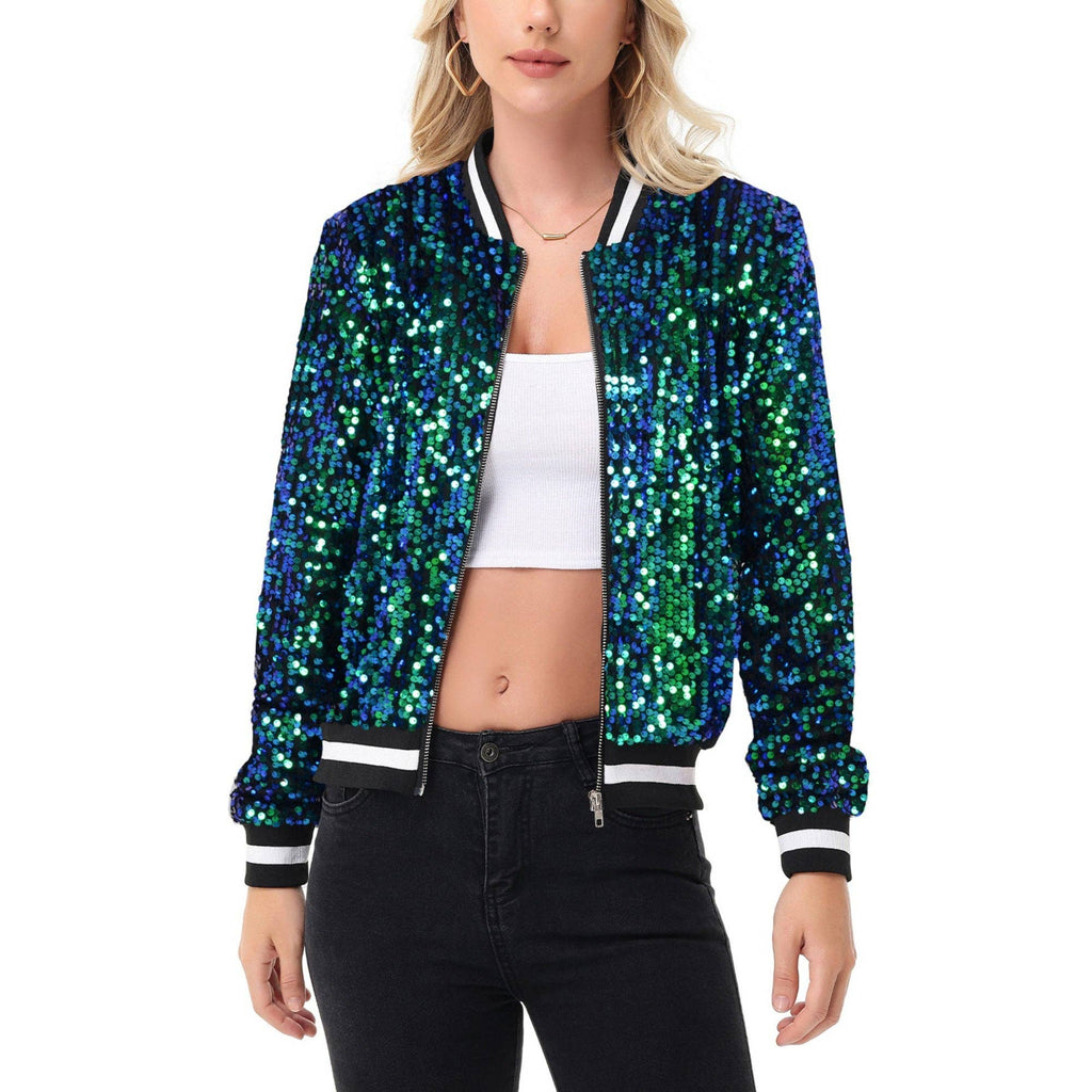 Anna Kaci Wholesale - Game Day Sequin Bomber Jacket with Ribbed Trim and Front Zip: Red / Large 12-14